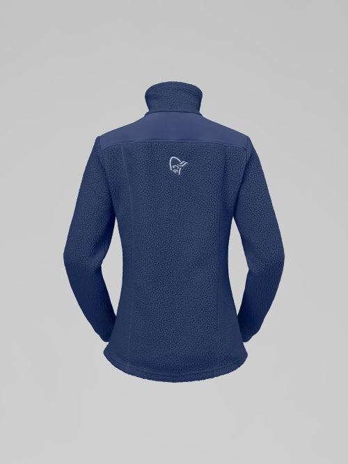 Navy blue fleece jacket with a logo on the back against a gray background