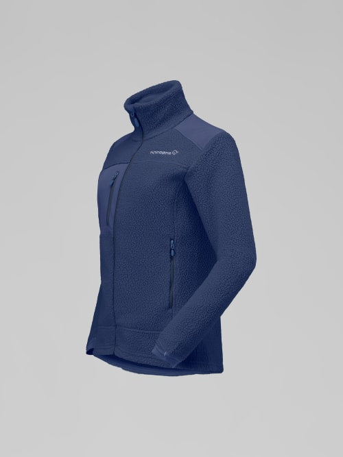 Blue jacket with a brand logo on a gray background