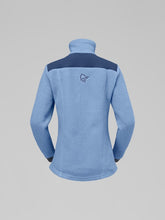 Load image into Gallery viewer, Blue fleece pullover with a logo on the chest against a gray background
