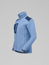 Load image into Gallery viewer, Light blue fleece jacket with dark blue accents on a gray background
