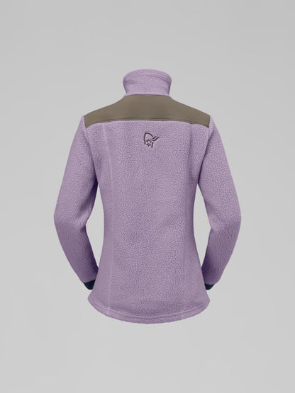 Purple fleece jacket with a logo on the back against a light gray background