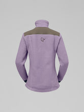Load image into Gallery viewer, Purple fleece jacket with a logo on the back against a light gray background
