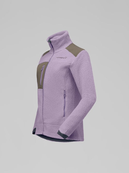 Purple fleece jacket with a brand logo on a light gray background