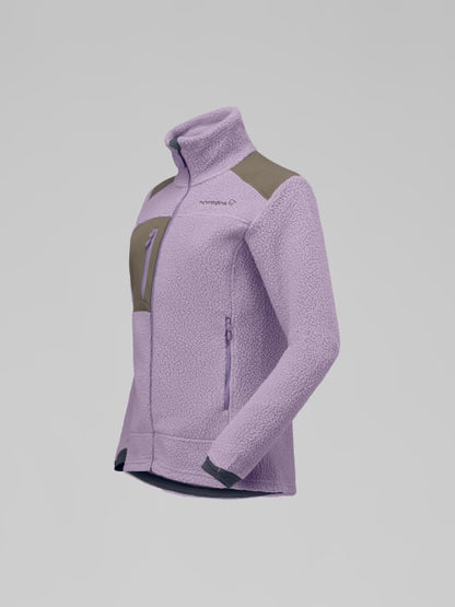Purple fleece jacket with a brand logo on a light gray background