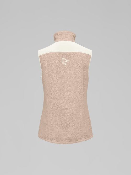 Beige sleeveless fleece vest with white collar on a gray background