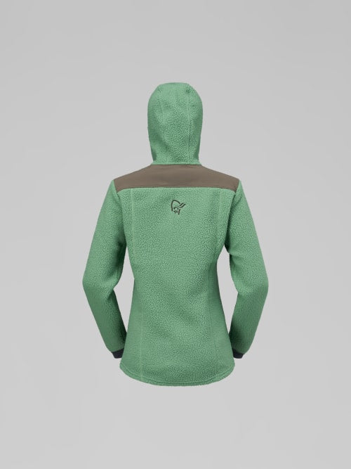 Green hooded jacket with a logo on the back against a gray background