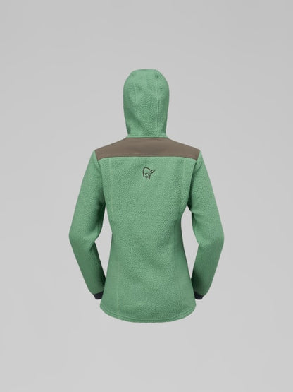 Green hooded jacket with a logo on the back against a gray background