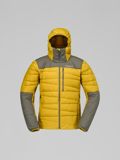 Yellow and gray puffer jacket on a light gray background