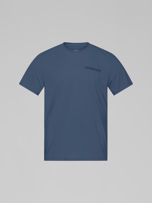 Blue t-shirt with a logo on a gray background