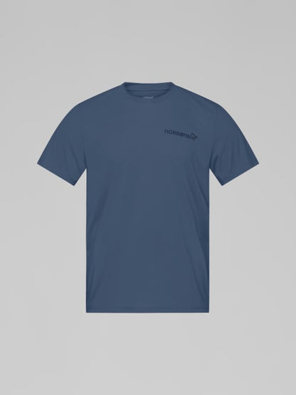 Blue t-shirt with a logo on a gray background