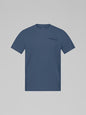 Blue t-shirt with a logo on a gray background