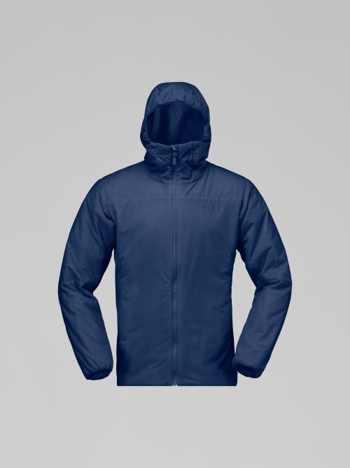 Blue jacket with a hood on a gray background