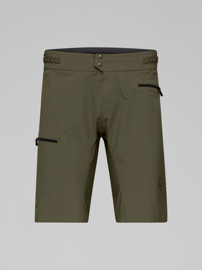 Green shorts with black zippers on a gray background