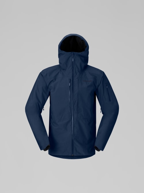 Navy blue jacket with a hood on a gray background