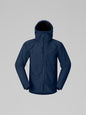 Navy blue jacket with a hood on a gray background