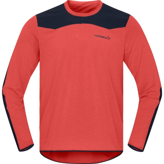 Red long-sleeve shirt with black shoulders on a white background