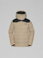 Beige winter jacket with black hood on a gray background