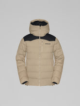 Load image into Gallery viewer, Beige winter jacket with black hood on a gray background
