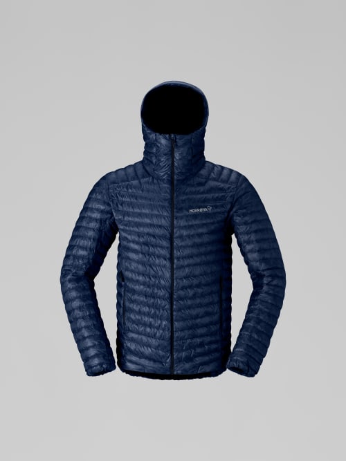 Blue jacket with a hood on a gray background
