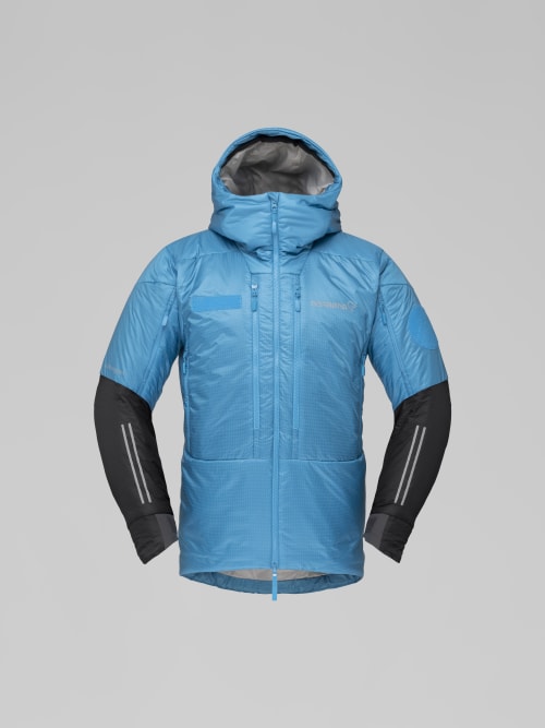 Blue winter jacket with black sleeves on a gray background