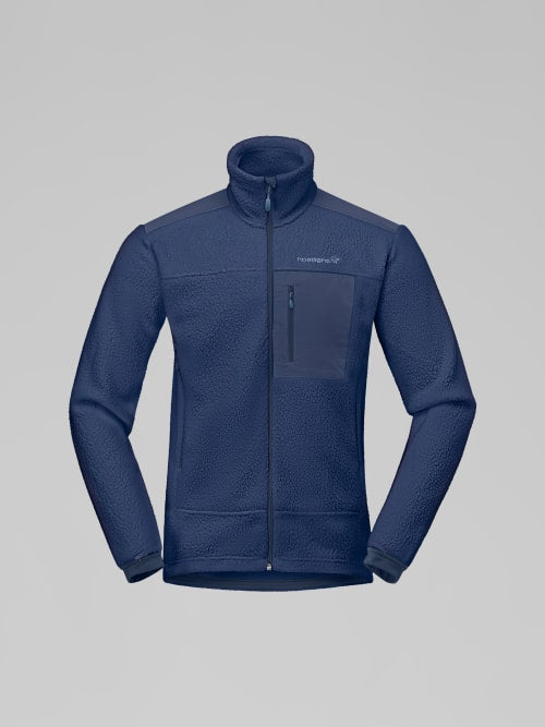 Blue fleece jacket on a gray background