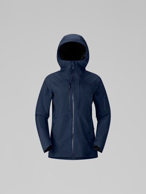 Navy blue hooded jacket on a light gray background
