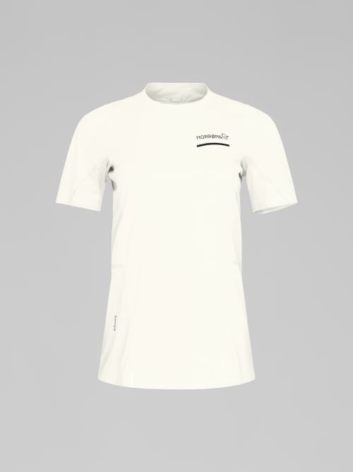 White t-shirt with a logo on a gray background