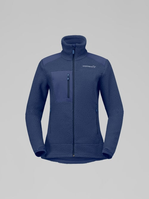 Blue jacket with a brand logo on a gray background