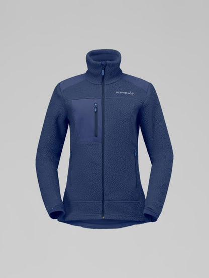 Blue jacket with a brand logo on a gray background