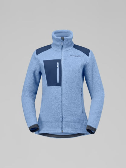 Light blue jacket with dark blue accents on a gray background