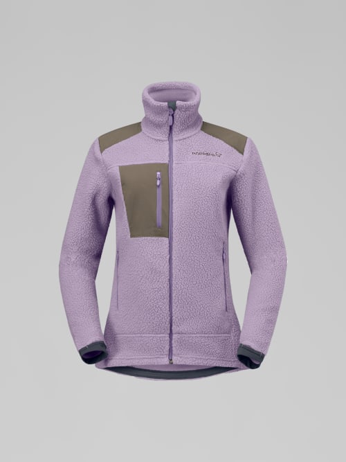 Purple fleece jacket with a brown patch on a gray background