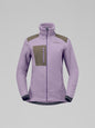 Purple fleece jacket with a brown patch on a gray background