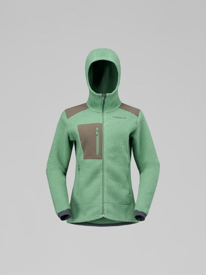 Green hooded jacket with a brown patch on a gray background