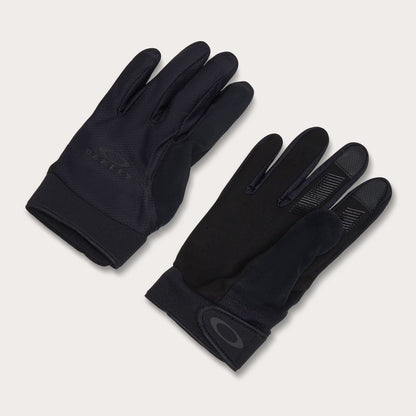 Pair of black gloves with a brand logo on a light gray background