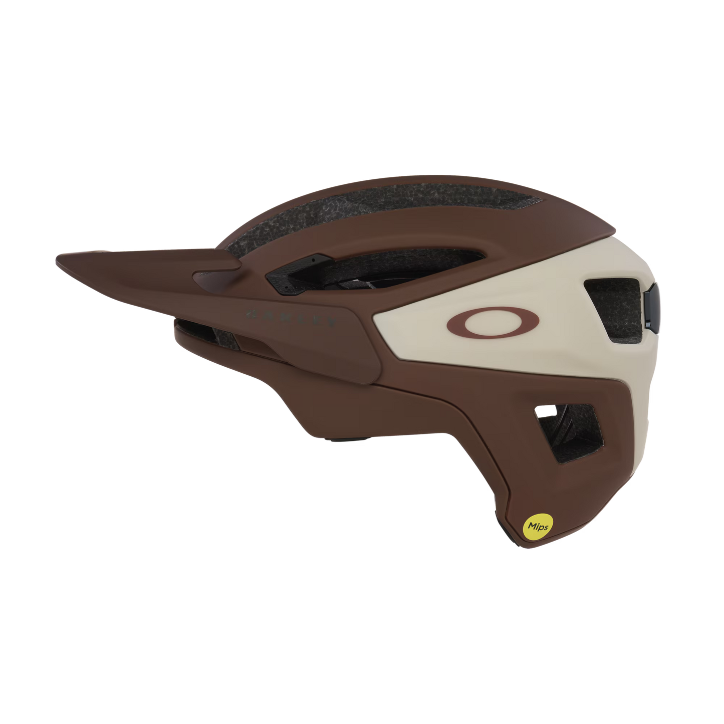 Brown and white helmet with a logo on a white background