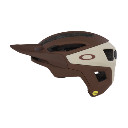 Brown and white helmet with a logo on a white background