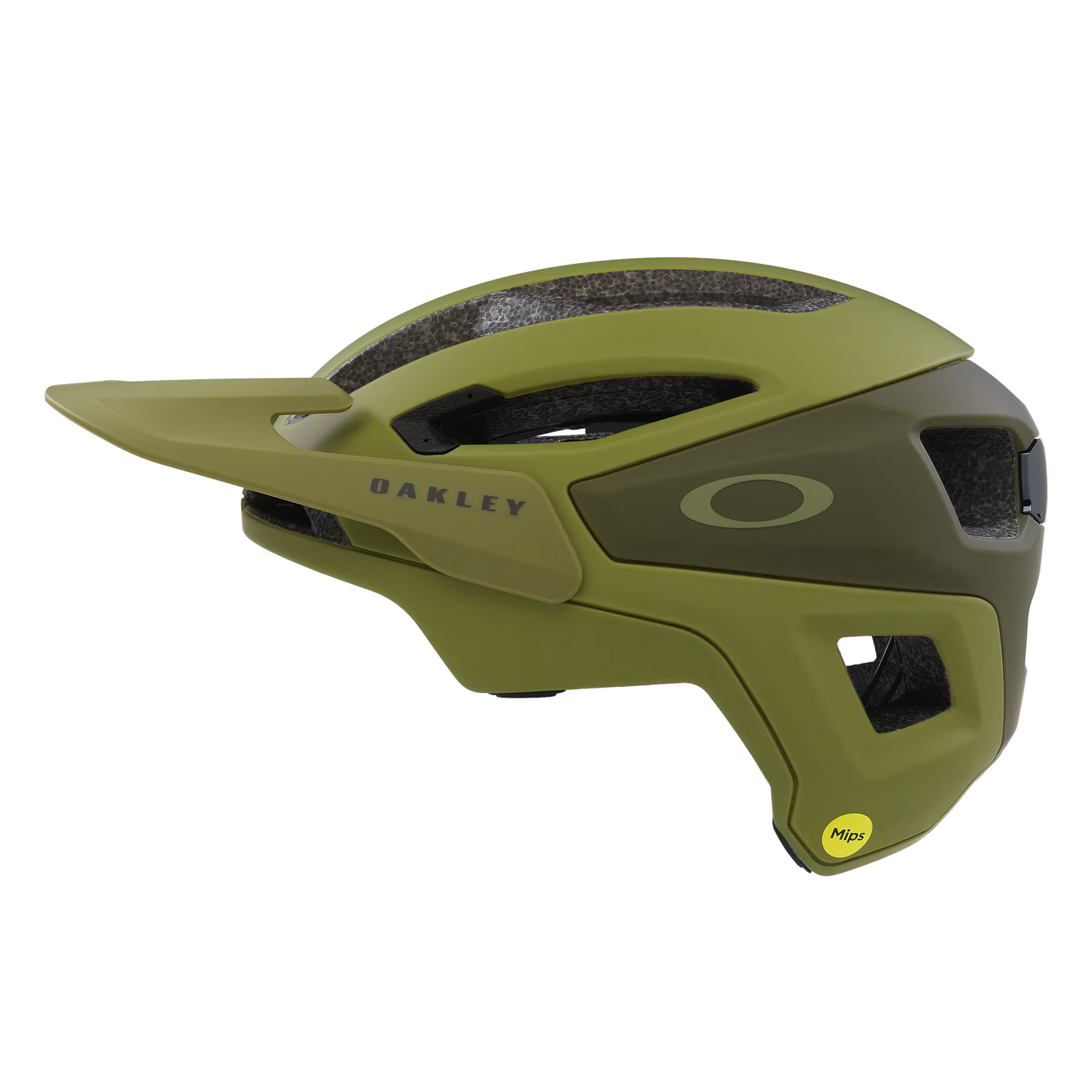 Green Oakley helmet on a white background