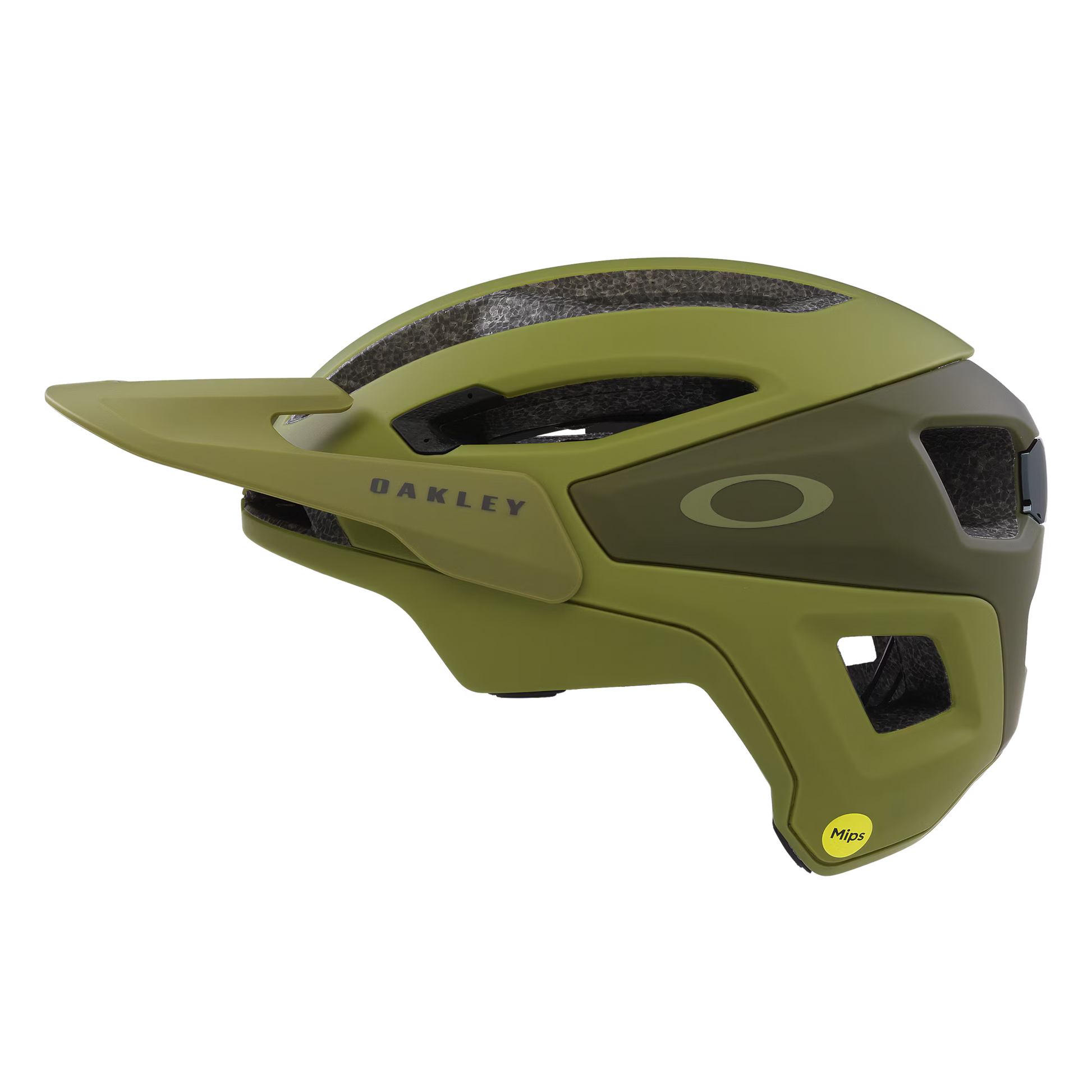 Green Oakley helmet on a white background