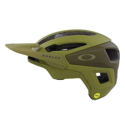 Green Oakley helmet on a white background