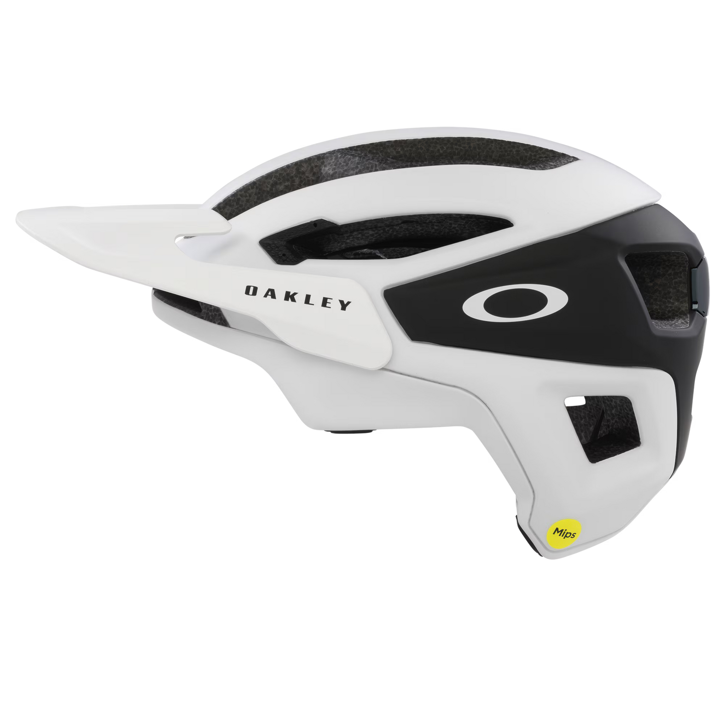 White and black Oakley helmet on a white background