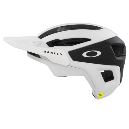 White and black Oakley helmet on a white background