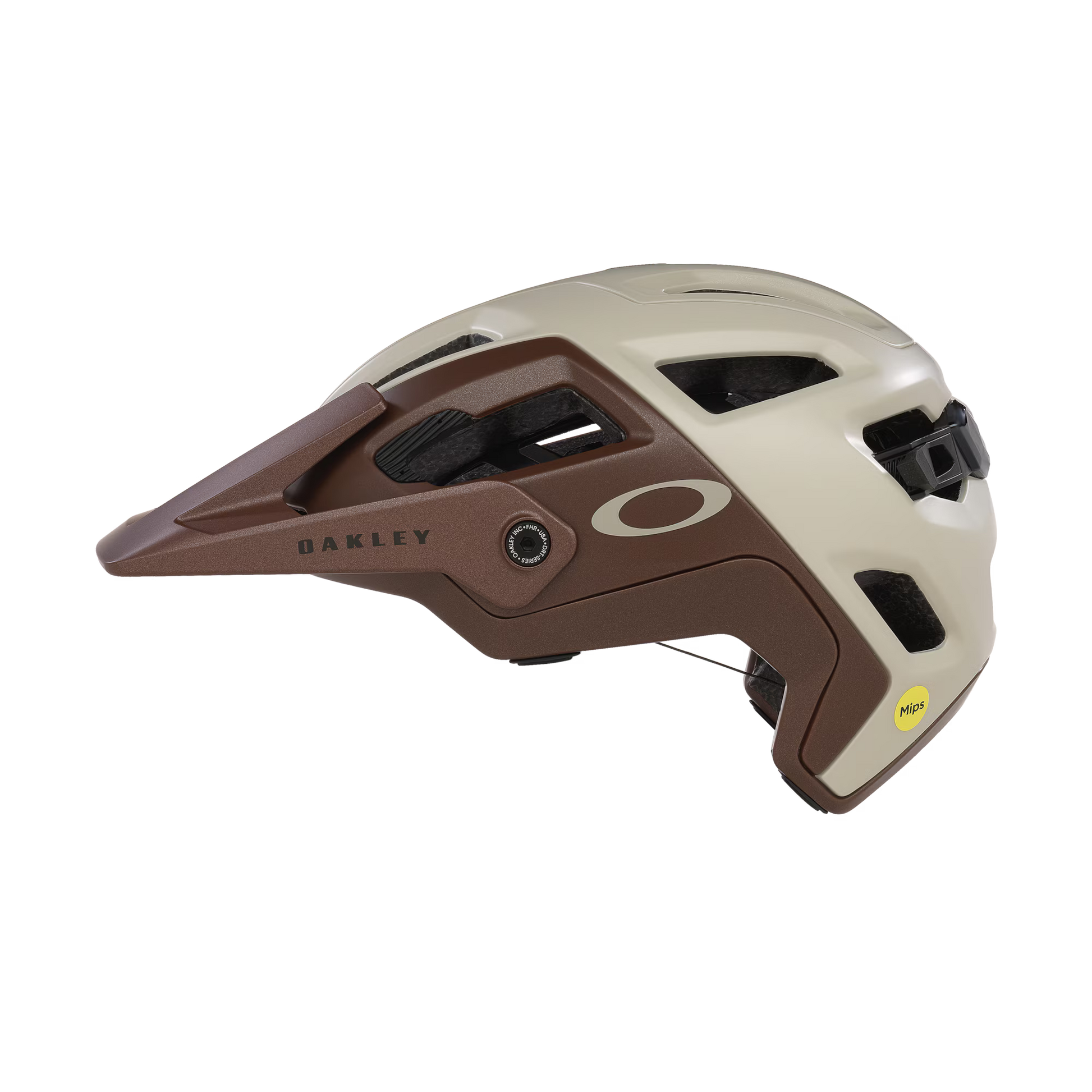 Brown and beige helmet with Oakley logo on a white background