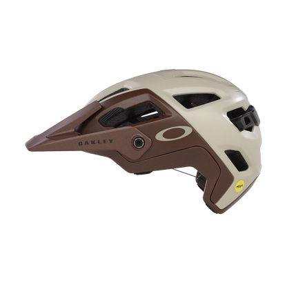 Brown and beige helmet with Oakley logo on a white background