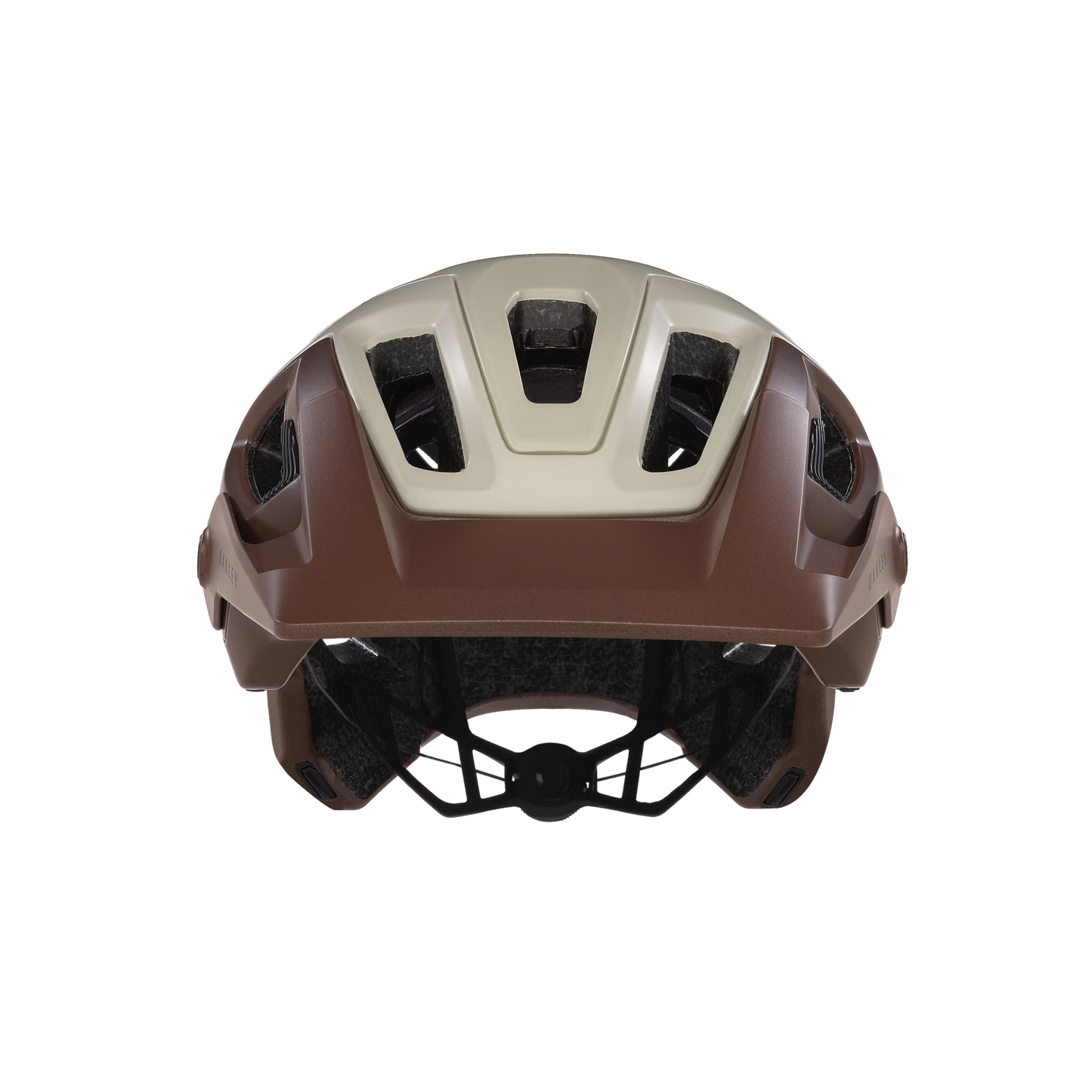 Brown helmet with black chin strap on a white background