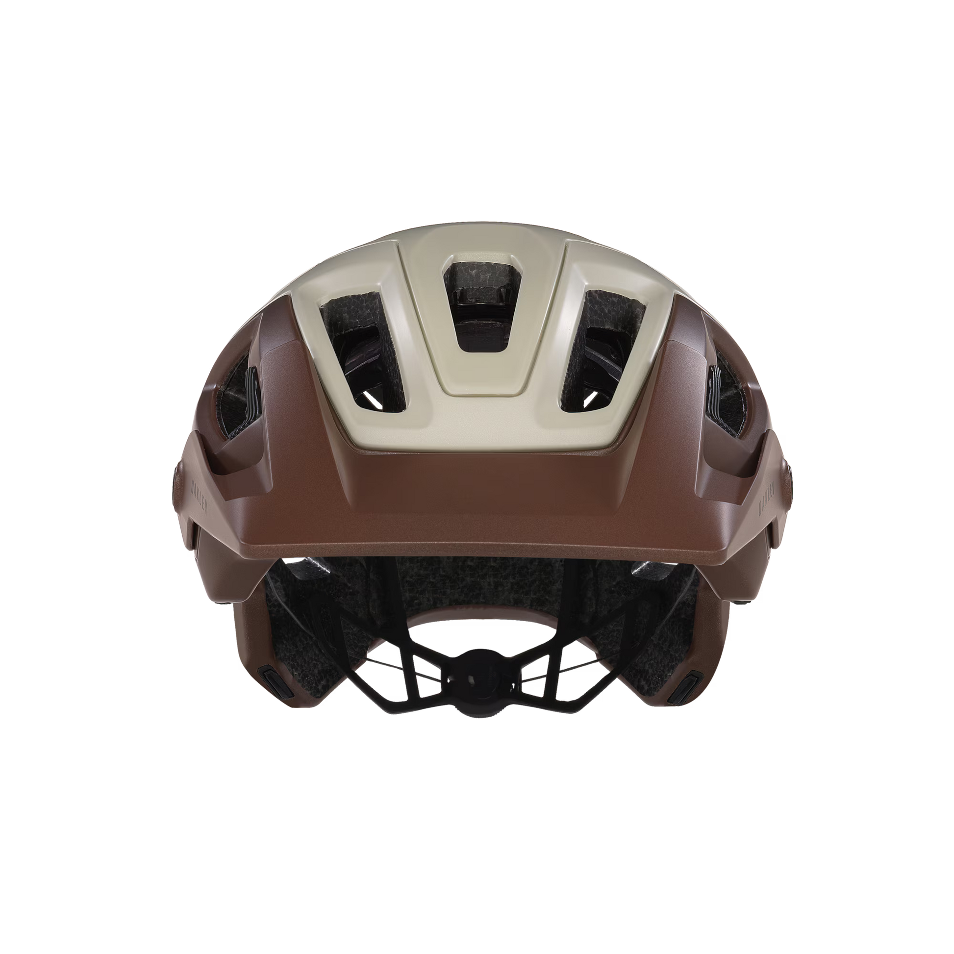 Brown helmet with black chin strap on a white background