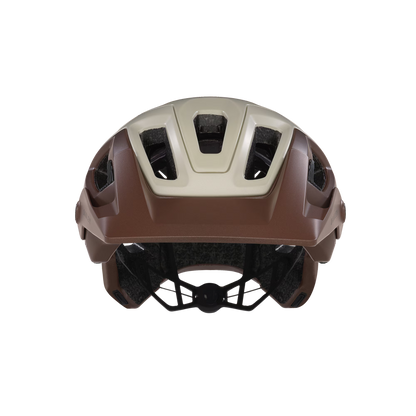Brown helmet with black chin strap on a white background