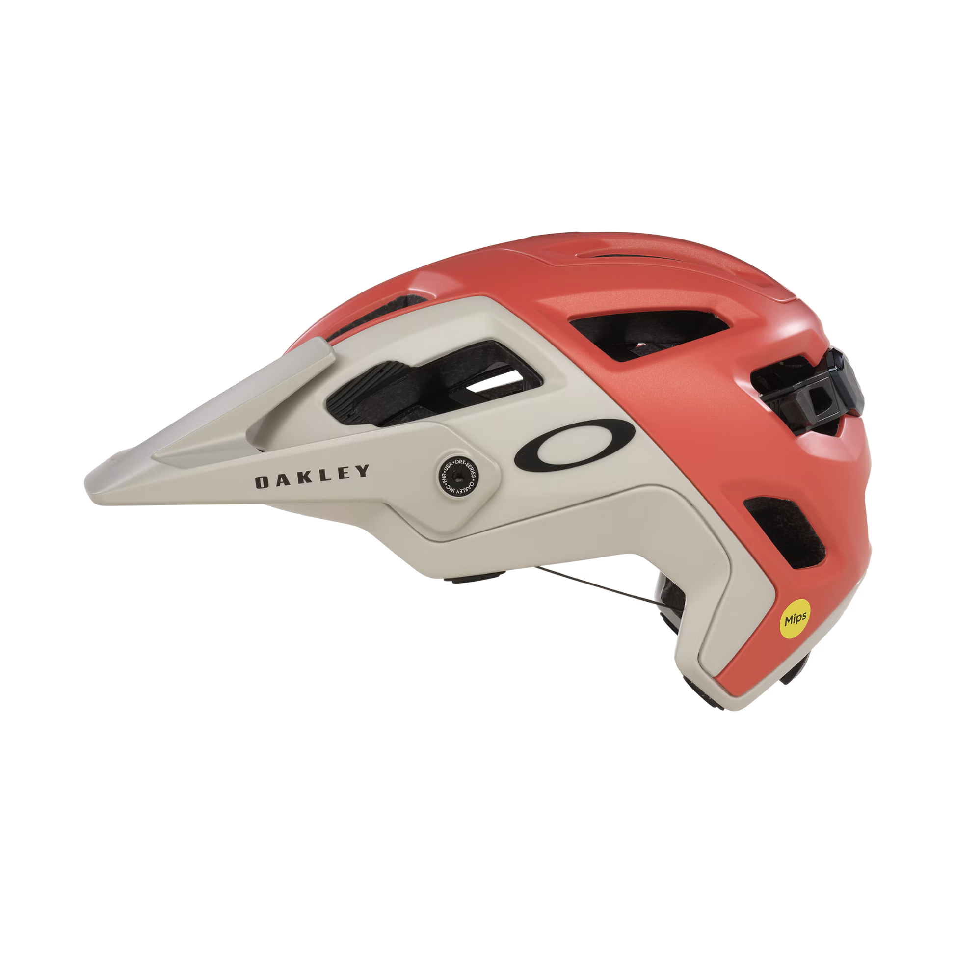 Red and beige helmet with Oakley logo on a white background