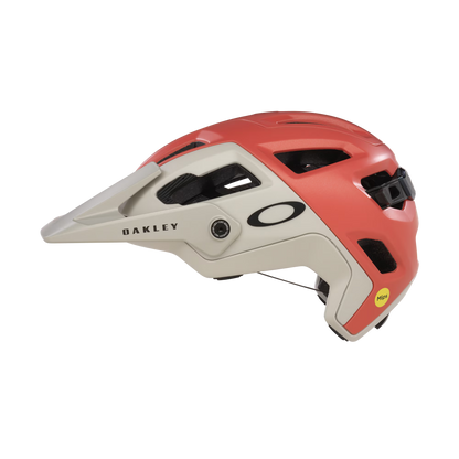 Red and beige helmet with Oakley logo on a white background