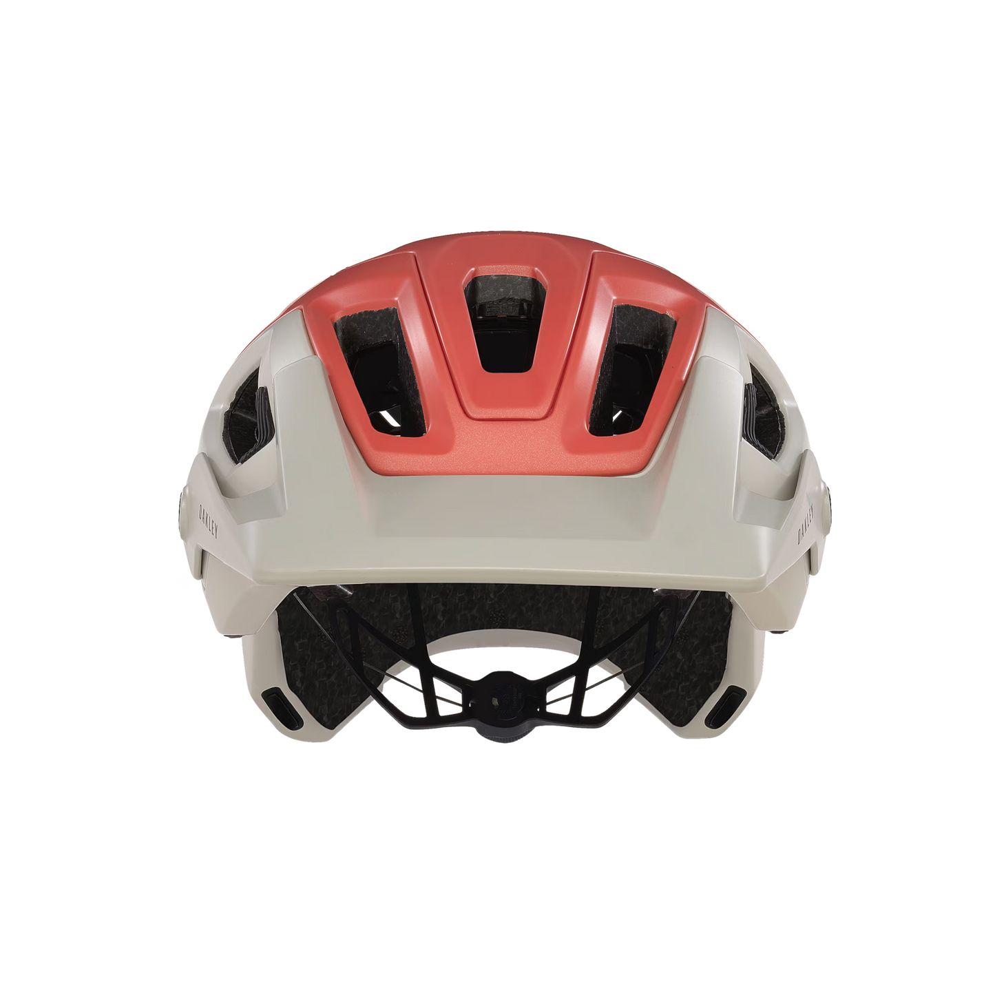 Helmet with red top and beige sides on a white background