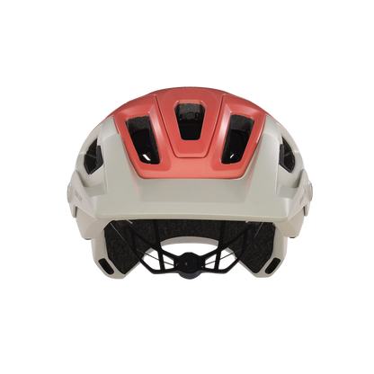Helmet with red top and beige sides on a white background